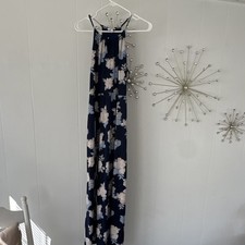Candie's Navy/White Floral Maxi Dress, Halter Neck Strappy Sleeveless, Size L