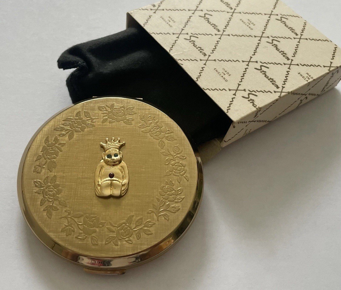 NEW Stratton Gold Compact Lucky Billiken Crystals Enamel 3" w/Pouch & Box