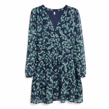 Ann Taylor Navy Floral Tiered Button Front Long Sleeve Mini Dress Women's Small