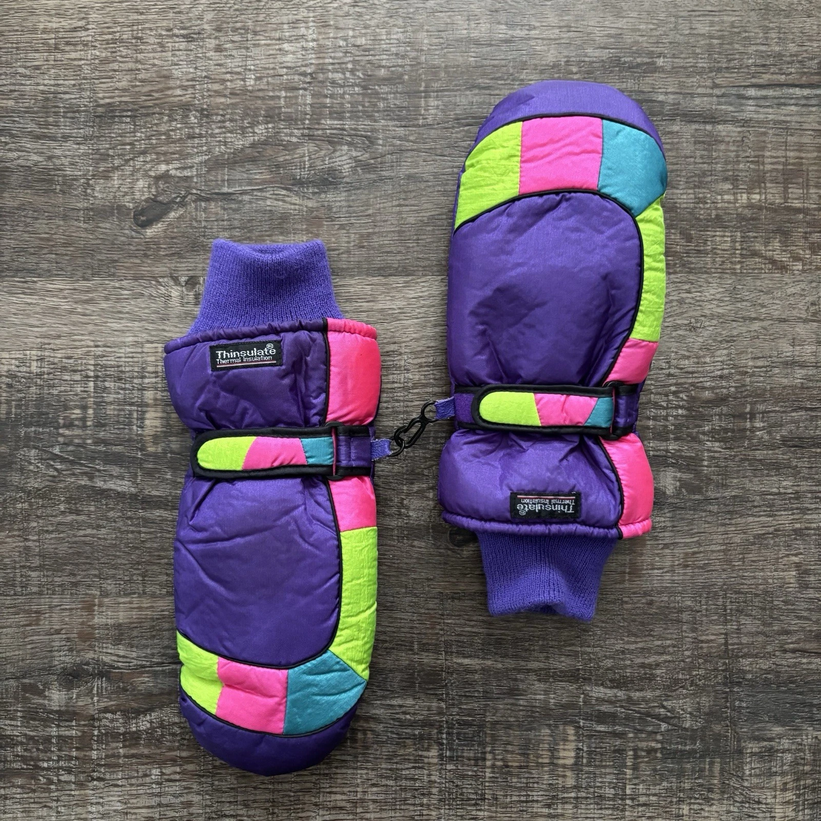 Vtg 80s 90s Ski Gloves Bright S/M Purple Pink Teal Thinsulate Lined Knit Cuff