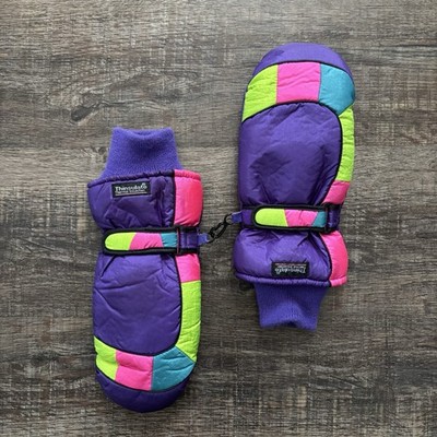 Vtg 80s 90s Ski Gloves Bright S/M Purple Pink Teal Thinsulate Lined Knit Cuff