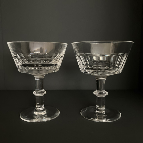 2 Champagne Glasses Coupes Royal Brierley Crystal Eton 4 3/4" Panel Cut Vgc