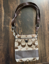 Coach Brown Beige Signature Logo Small Crossbody Bag Zip Detachable Strap