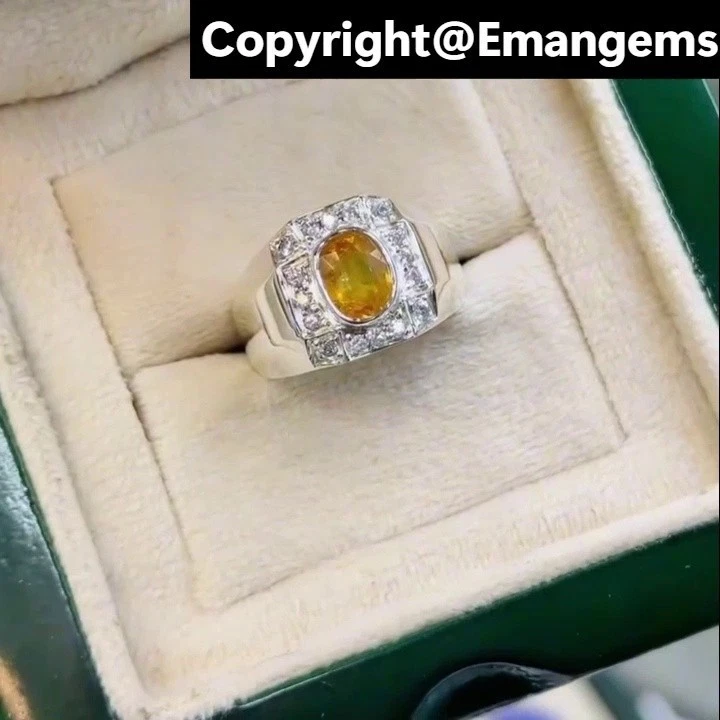 Anel masculino de prata esterlina 925 presente de Natal safira amarela da Birmânia - Imagem 3 de 4