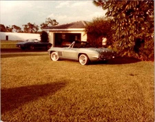 Vintage 1960s Color Photograph Classic Corvette Cars On Grass Front Garage