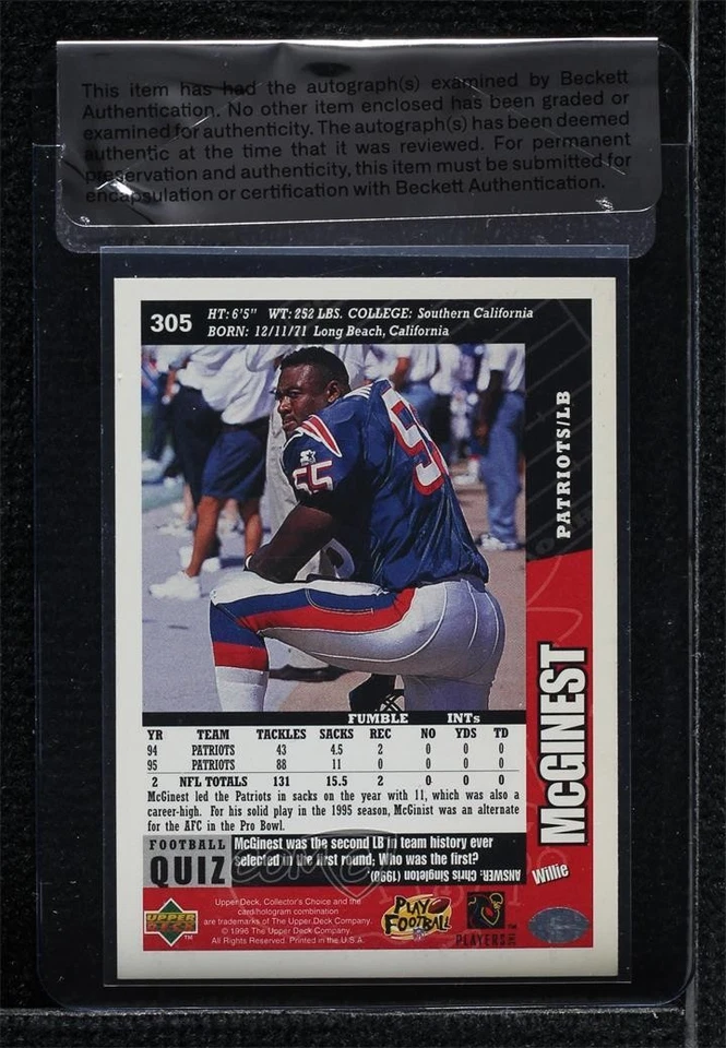 BAS 1996 Upper Deck Collector's Choice Willie McGinest #305 Seal of Authenticity - Image 2 of 2
