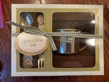 New Heirloom Baby Cup Spoon Fork Set Silver Plates Nib In Box New