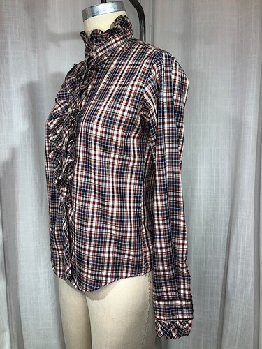 Vintage 70s Blue & Red Plaid Ruffle Blouse - Picture 3 of 5