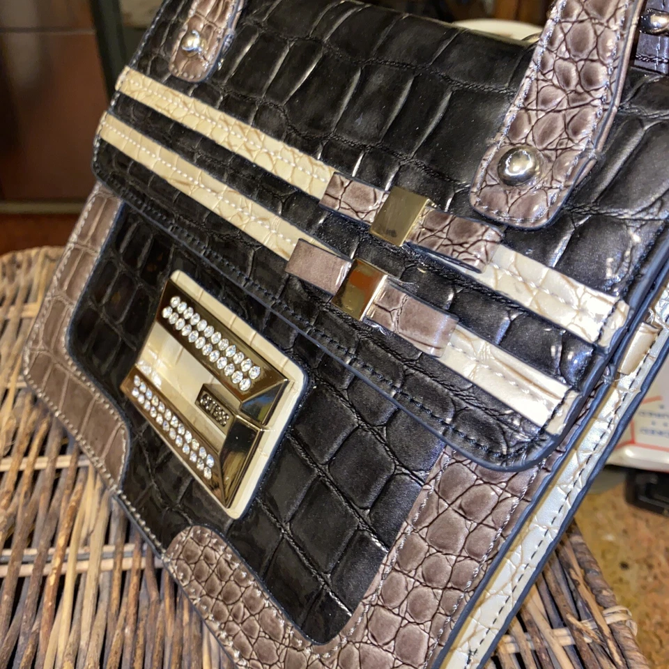 Guess Bolso de Mano Cartera Negro @ Marrón y Tostado Charol Caimán/Nuevo Foto 2 de 4