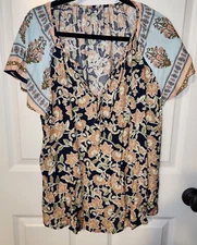 SHEIN Curve Women's V-Neck Floral Spring Top With Navy Blue Accent 2X 18 20