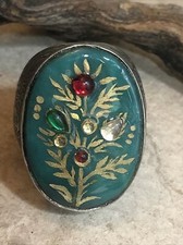 Vintage Hand Crafted 925 Sterling Green Stone Coated Floral Ring 43.6g, 7s