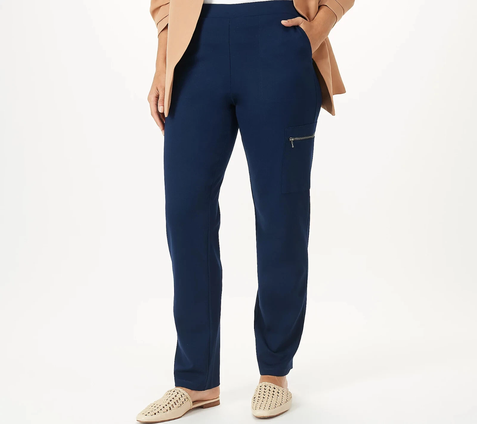 Susan Graver Supreme Knit Straight Leg Pants w/Zip Pocket Navy Size XXS A547223