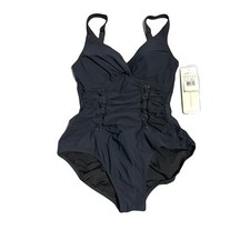 Profile By Gottex Lace Up Ruched Front One Piece Swimsuit Black Size 6 NWT