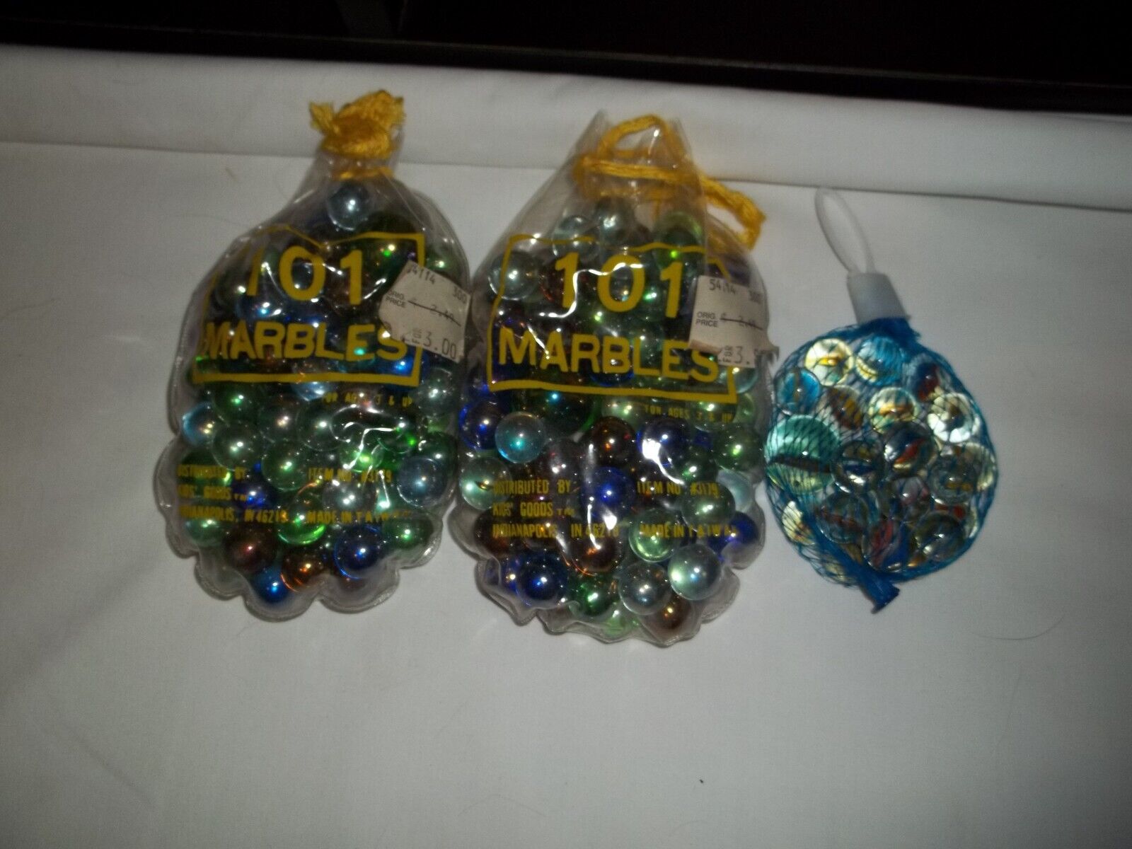 3 bags vintage marbles NOS Ribbon and metallic/ pearlized w/ Shooters