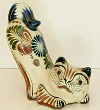 Stretching Tonala Pottery Cat Figurine Signed Mexico