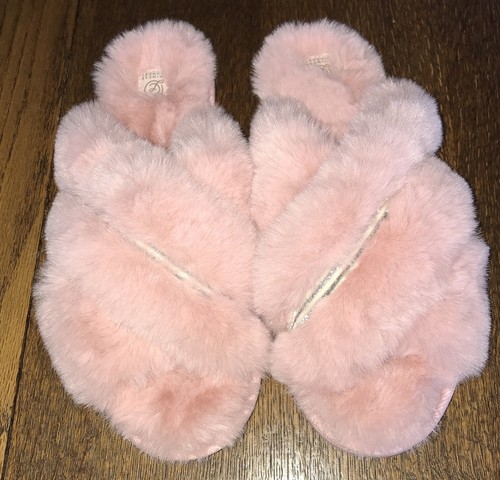 Chinese Laundry Pink Cross Band Fluffy Faux Fur Slippers Women's Size L (9/10) - Picture 2 of 7