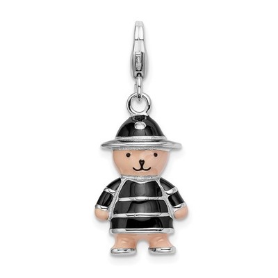 Sterling Silber 3-D emailliert Teddybär in schwarzem Hut und Mantel Charm Anhänger