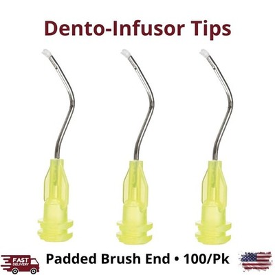 100/Pk Metal Pre-Bent Applicator Tips Luer Lock Yellow Padded Brush Hemostatic