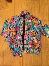 Vintage Floral Tropical Print Collared Jacket Strap and Zipper Closure
