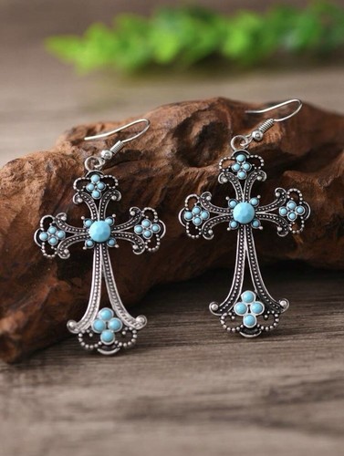 Southwestern Ohrringe Antik Silber Türkis Kreuz Boho