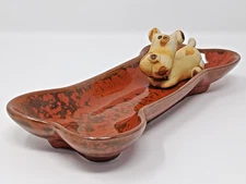 Enesco Bone Trinket Dish w/ Attached Dog Figurine red ceramic Japan