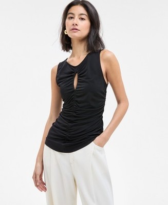 BOSS Orange Front-Ruched Sleeveless Keyhole Top Women's XS Black Crewneck