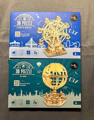 2x Crafts & Co. Mechanical 3D Puzzle Set   Globe & Ferris Wheel   Holz   DIY