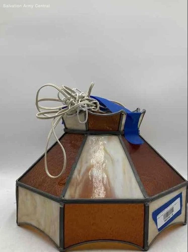 Vintage White Brown Tiffany-Style Collectible Stained Glass Plug-In Hanging Lamp