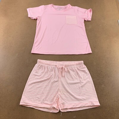 Real Essentials Womens Pajama Short Set Pink Stripe Crew Neck Short Sleeve M New