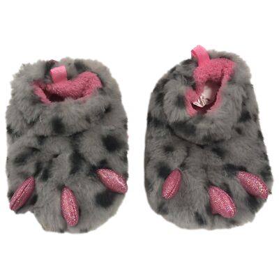 Infant & Todder Girls Fuzzy Gray & Pink Leopard Print Slippers House Shoes