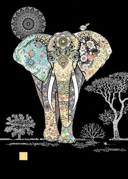 Jewels Decorative Elephant Gold & Blue Foil Embossed Blank Card by Bug Art