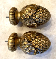 2x Wooden Pine Drapery Curtain Rod Finials Fits 2” Rod - Screw On - Gold