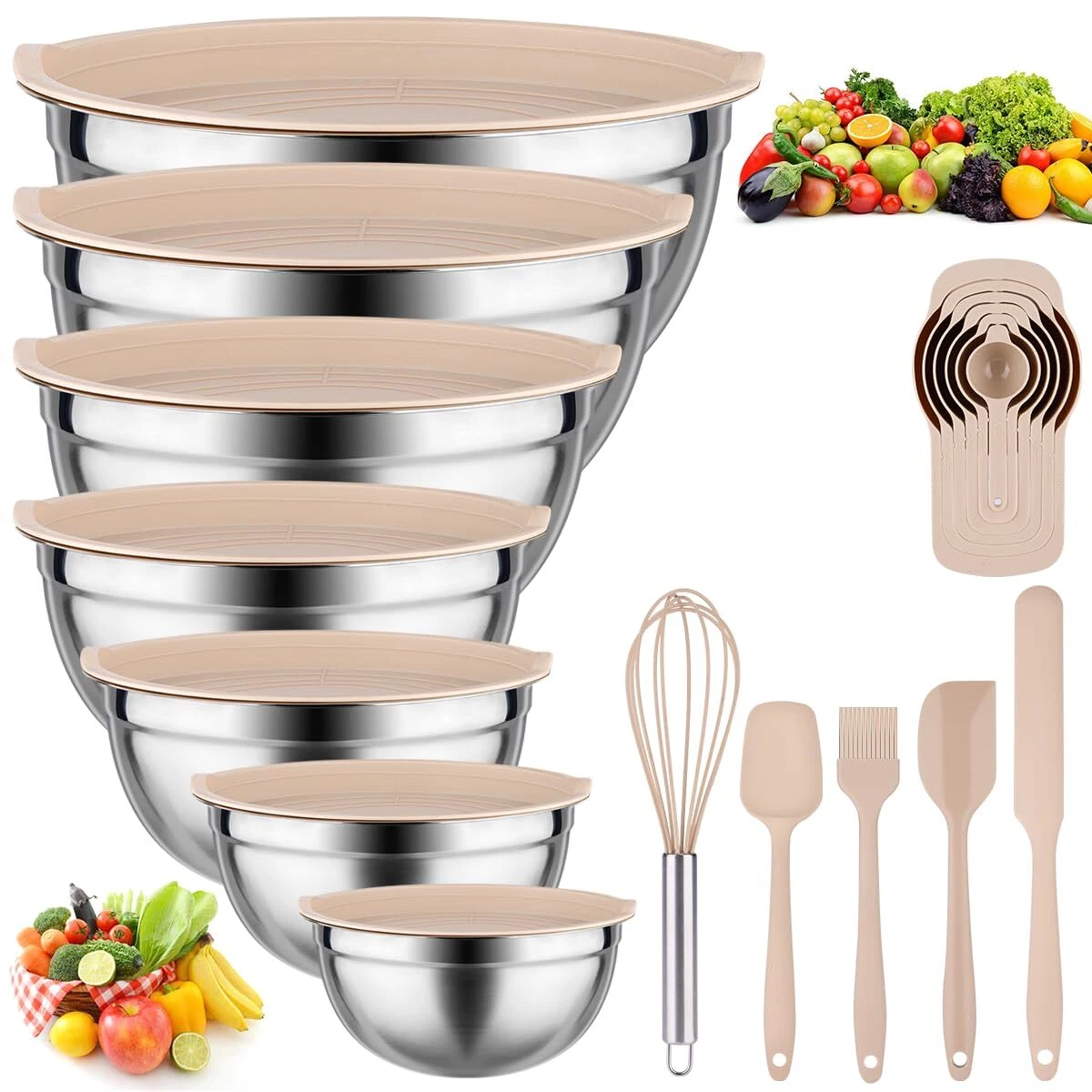 Mixing Bowls with Lids set - 26 PCS Stainless Steel Nesting Khaki Mixing Bowl...