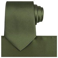 Satin Tie Set Solid Ties Mens Necktie  Pocket Square Green Olive