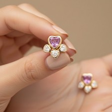 Heart Shape Pink Sapphire Trio Diamond paw Stud Earrings, Solid 14K Yellow Gold