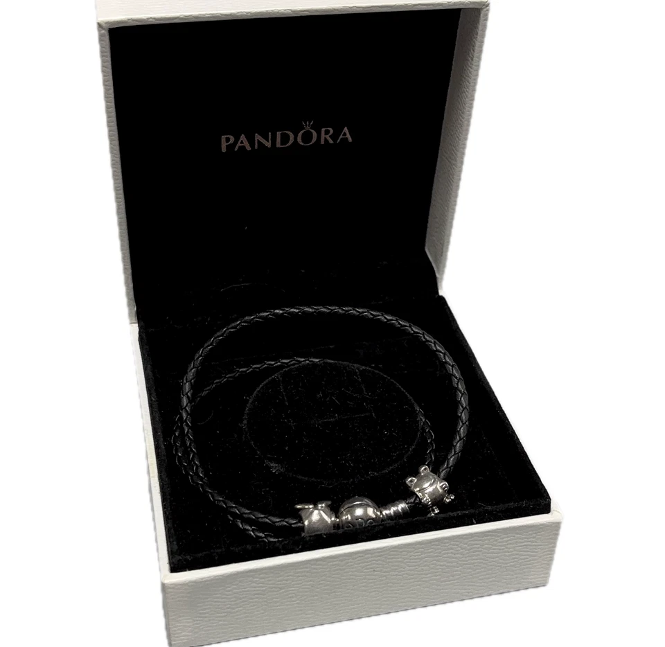 Gargantilla de cuero trenzado negro de plata esterlina .925 Pandora Ale con 2 dijes de rana Foto 2 de 4