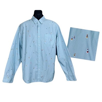 J CREW Slim Flex Oxford Button Sky Blue Shirt XL Rainbow Sailboats Long Sleeve