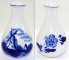 Vintage Hand Painted Delfts Blue Bud Vase ~ Floral & Windmill Scene, 3½” Tall