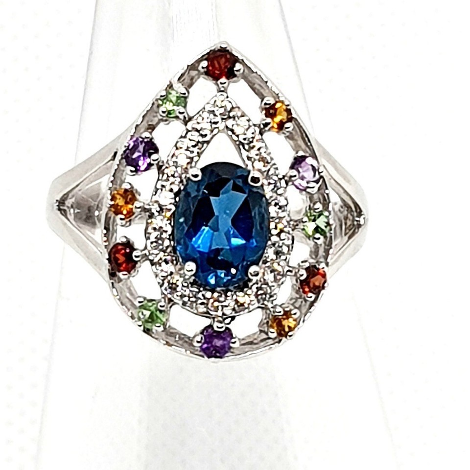 RB Gems Sterling Silver Ring With Genuine Gemstones - Oval 5x4mm & Round Accents, Rhodium Plated Crown Design, Size #8 - View #8