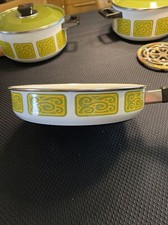 Vintage Enamel White Green And Yellow  Cooking Pot