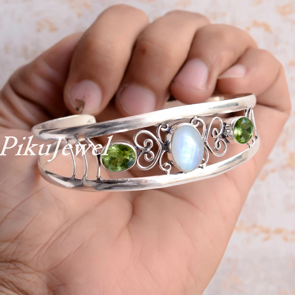 Mondstein & facettierter Peridot Edelstein 925 Sterling Silber Armreif schöne... - Bild 4 von 4