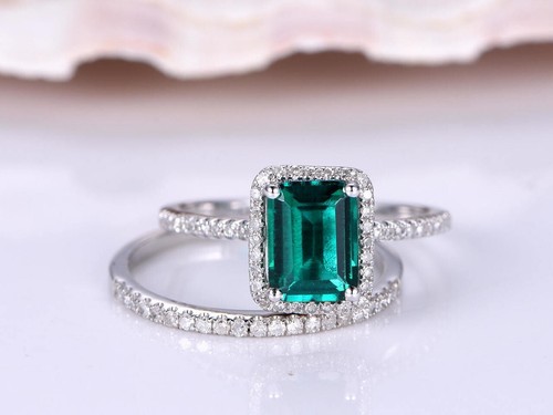 1.90 Ct Natural Emerald & Diamond Engagement Bridal Band Set 925 Sterling Silver - Picture 1 of 6