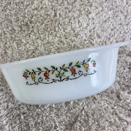 Vintage Fire King 467 Casserole Dish Fruit Tree Pattern 10 in Milk Glass