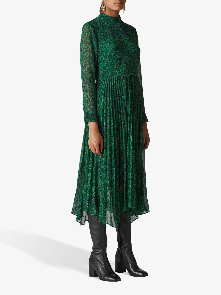 Whistles Red Multi Jungle Cat Pleated Midi Calf Dress Size UK 16