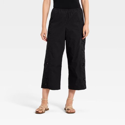 Women Cropped Straight Leg Eyelet Pull-On Pants - A New Day