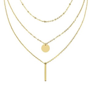 Authentic Woman Gold Plated 3 Layers Bar Disc Chain Necklace