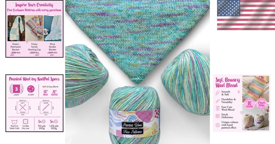 Elegante hilo de peso aguamarina DK - 3 madejas con precioso efecto pintado a mano Foto 2 de 4