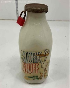 Stork Stuff White Multicolor Graphic Vintage 1950s Glass Milk Bottle Rusty