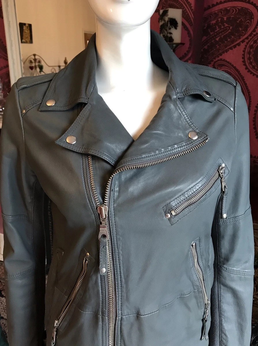 WHISTLES GREY LONG LINE LEATHER BIKER STYLE JACKET SIZE SMALL UK 10 RRP 350