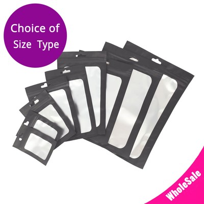 Multi-Size Matte Black Mylar Flat Zip Lock Bag For Storage w/ Window & Hang Hole